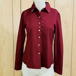Anself Button Shirt Burgundy Red Women's XL Studded Collar Cuff Plaid Sleeves